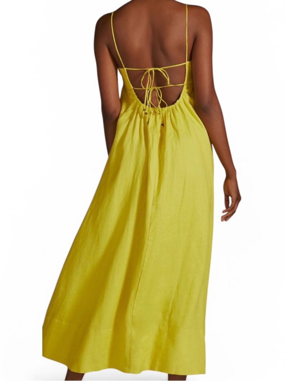 Anthro Maeve Yellow Linen Maxi Dress XL Tie Back Pockets Summer - Picture 3 of 9